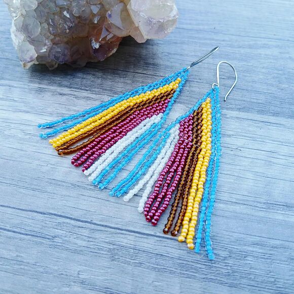 Retro Beaded Fringe Cascade Dangle Earrings, Boho Statement Artisan, 3.5" - Picture 7 of 7